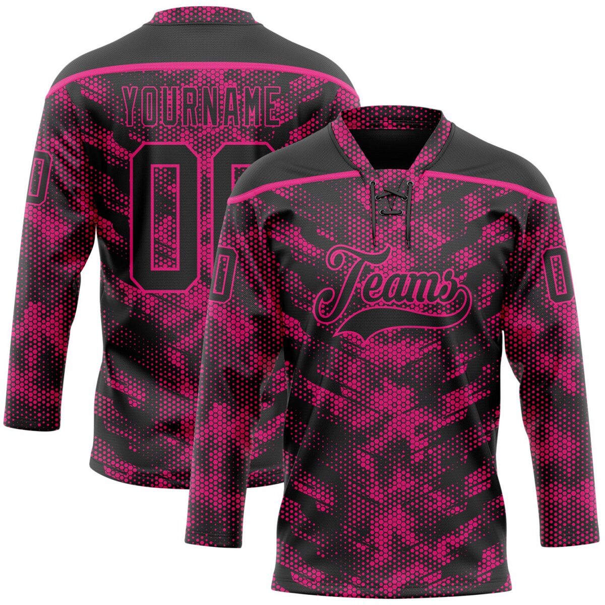 Custom Camo Black-Hot Pink 3D Camouflage Digital Hockey Lace Neck Jersey