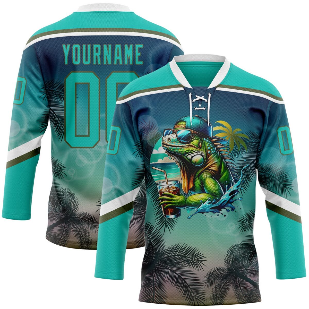 Custom Aqua Blue Olive-White 3D Pattern Gradient Hawaii Tropical Palm Trees Hockey Lace Neck Jersey