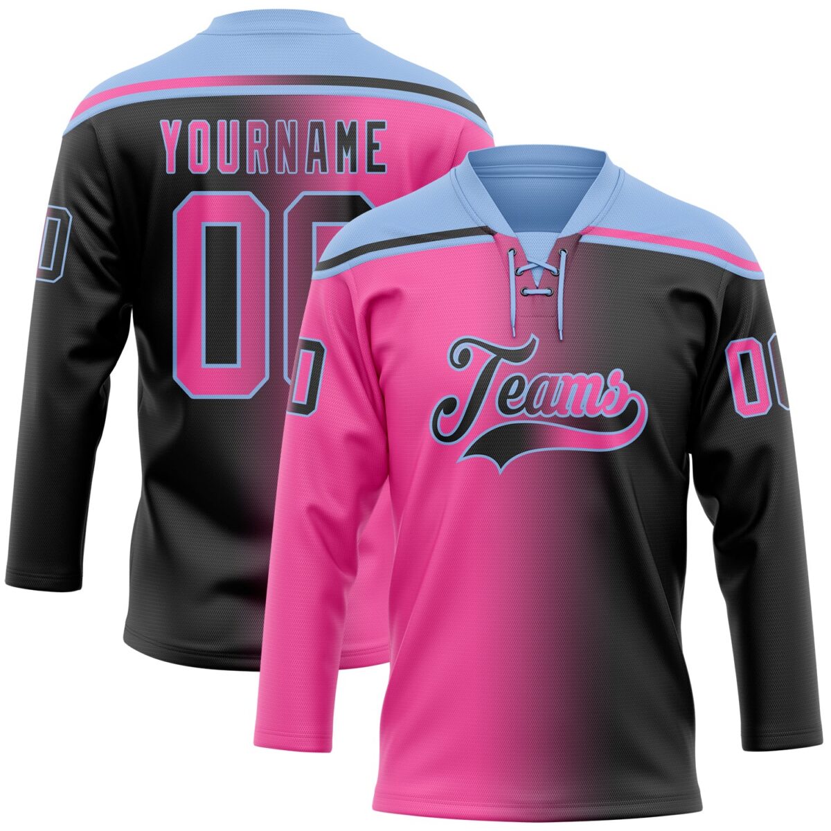 Custom Black Pink-Light Blue Gradient Fashion Hockey Lace Neck Jersey
