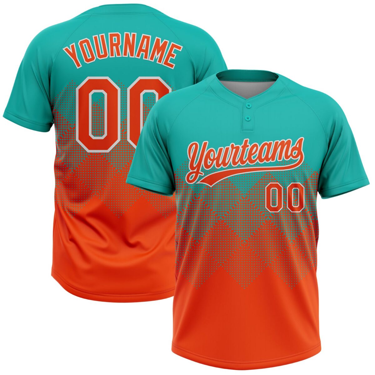 Custom Aqua Orange-White 3D Gradient Square Shape Two-Button Unisex Softball Jersey