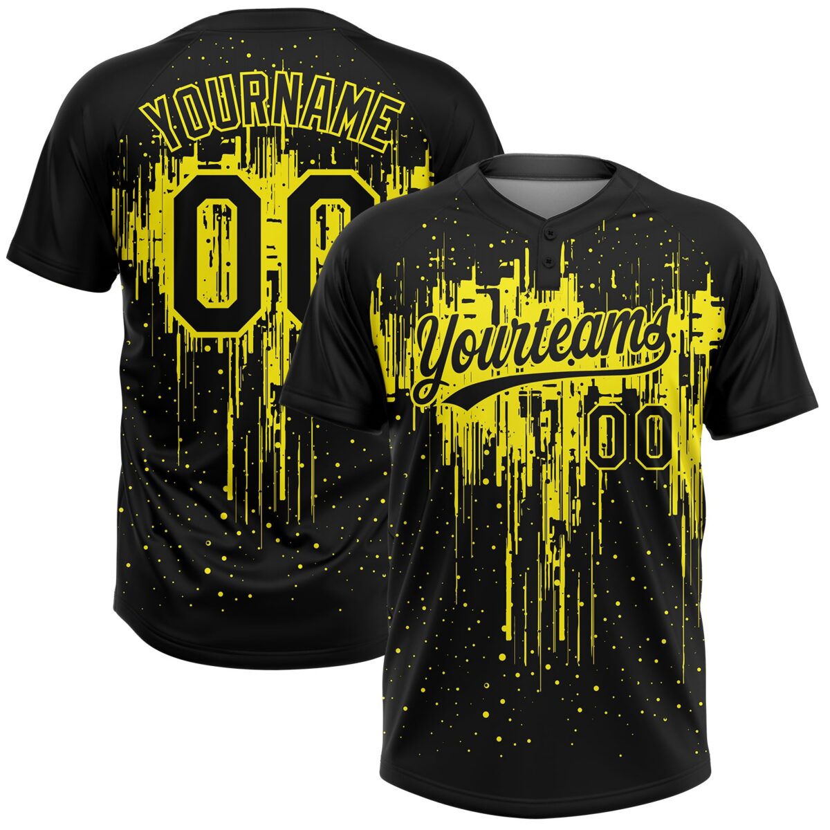 Custom Black Light Yellow Dripping Splatter Paint Two-Button Unisex Softball Jersey
